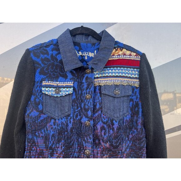 Vintage 90s Desigual sequin embroidered sweater jacket glam sz 38(M) denim - Picture 2 of 12